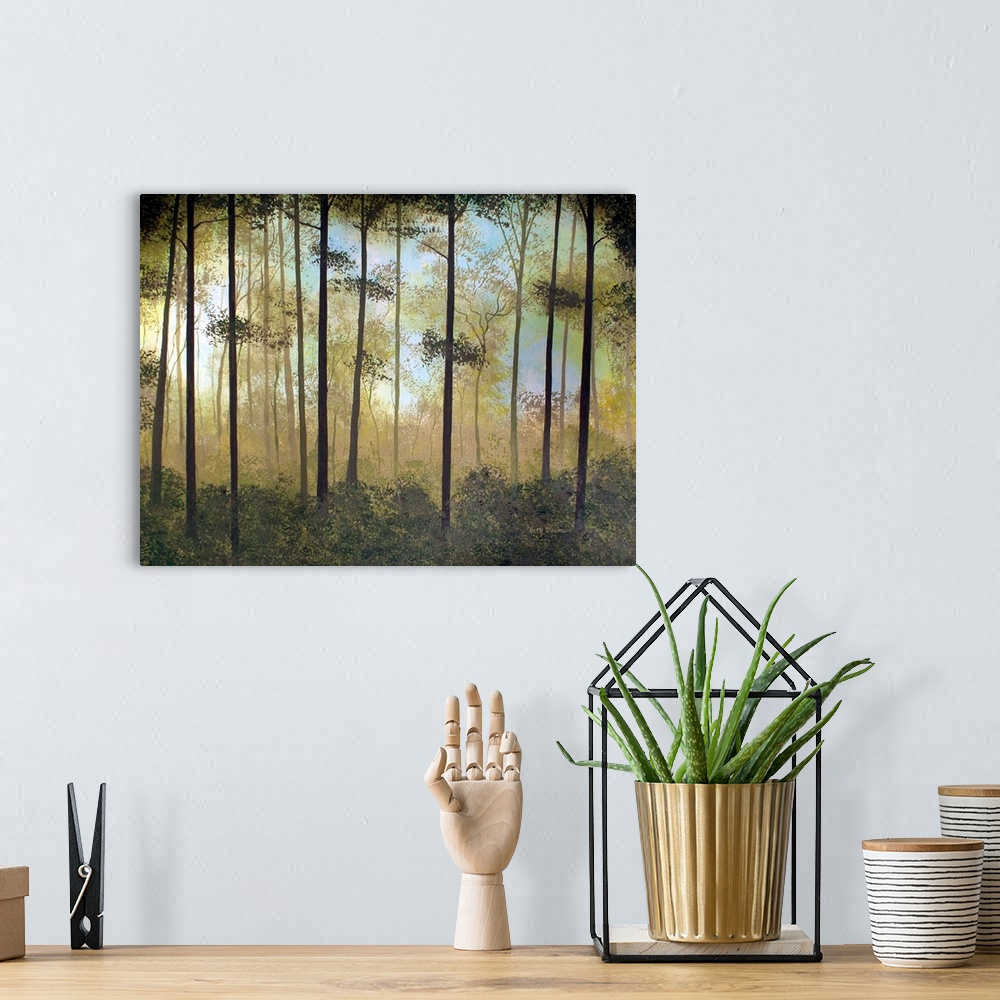 A bohemian room featuring Contemporary painting of a peaceful forest.
