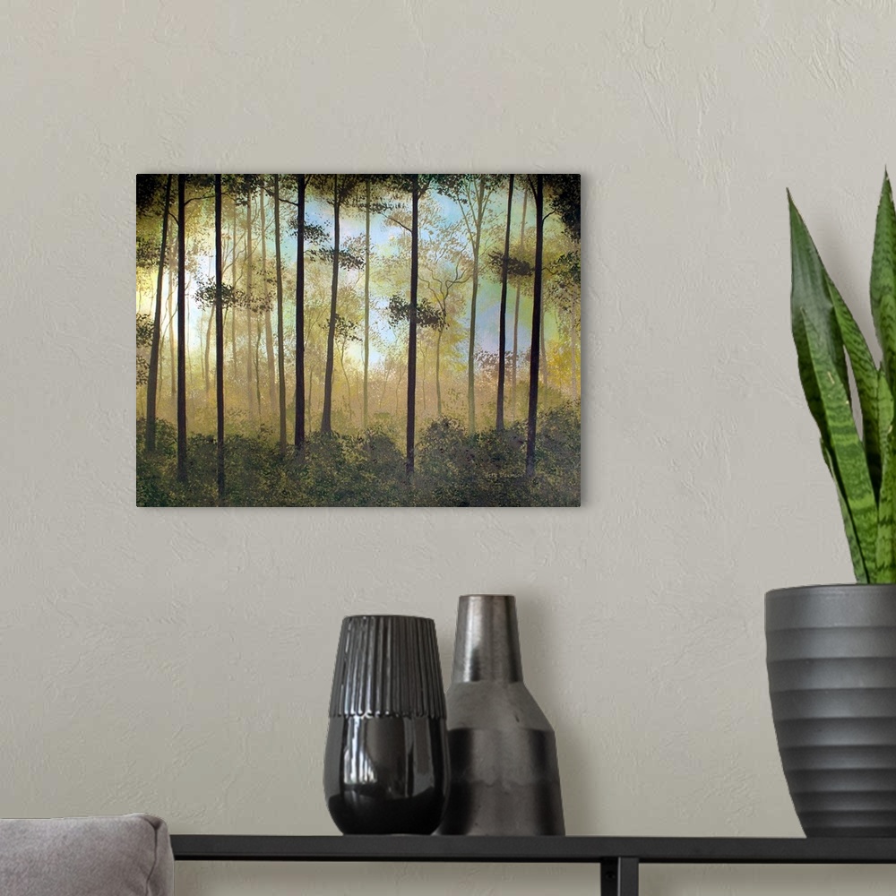A modern room featuring Contemporary painting of a peaceful forest.