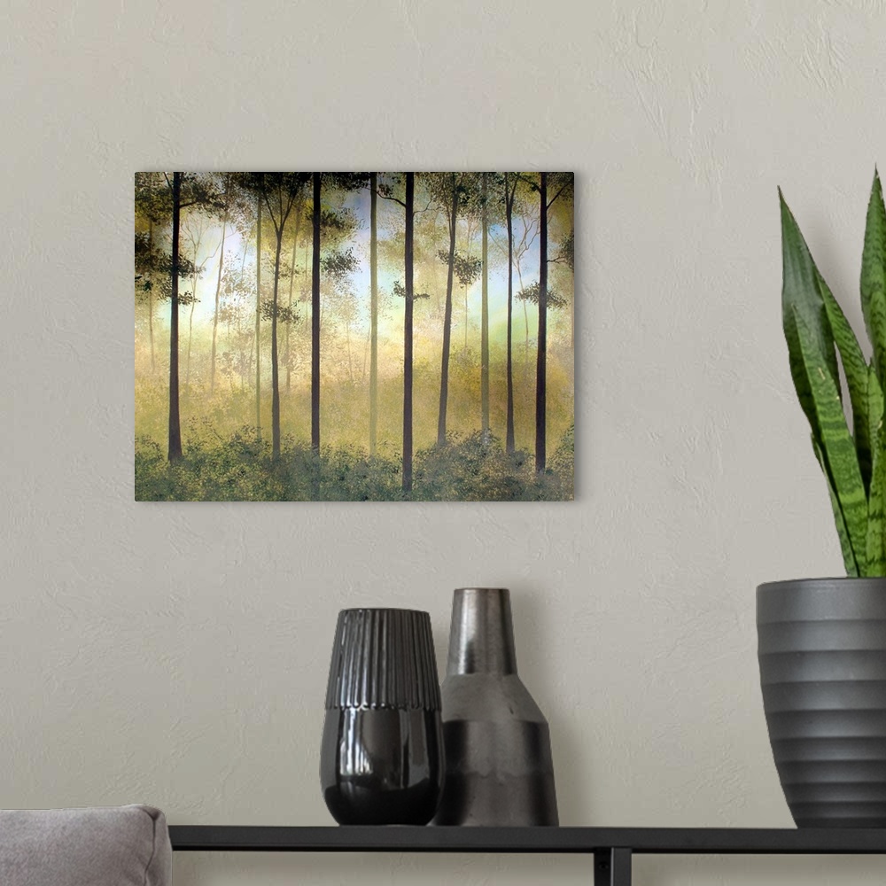A modern room featuring Contemporary painting of a peaceful forest in shades of green and gold with hints of blue in the ...