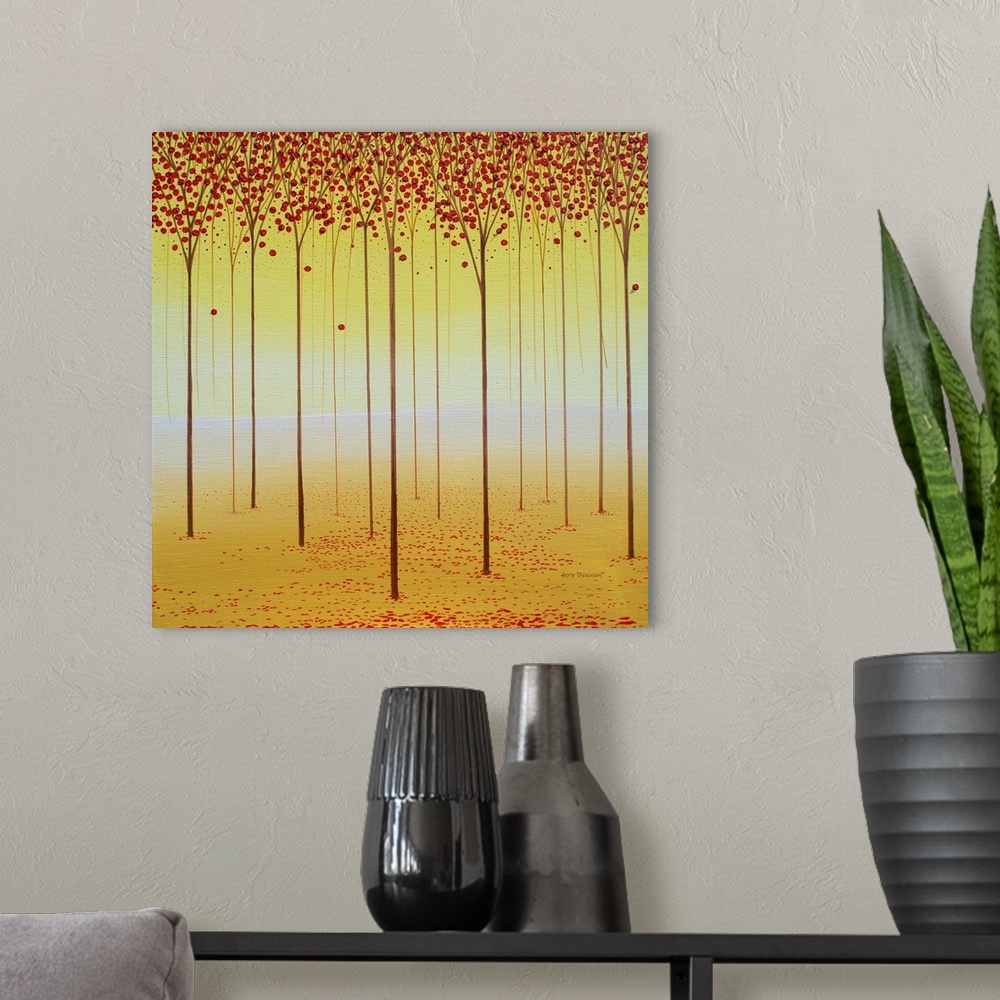 A modern room featuring Square painting with warm tones of tall, skinny trees in rows with red leaves.