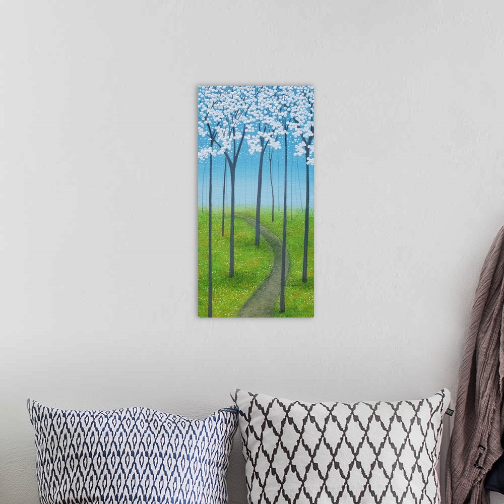 A bohemian room featuring Panel painting with a curved path lined with tall trees and white blossoms.