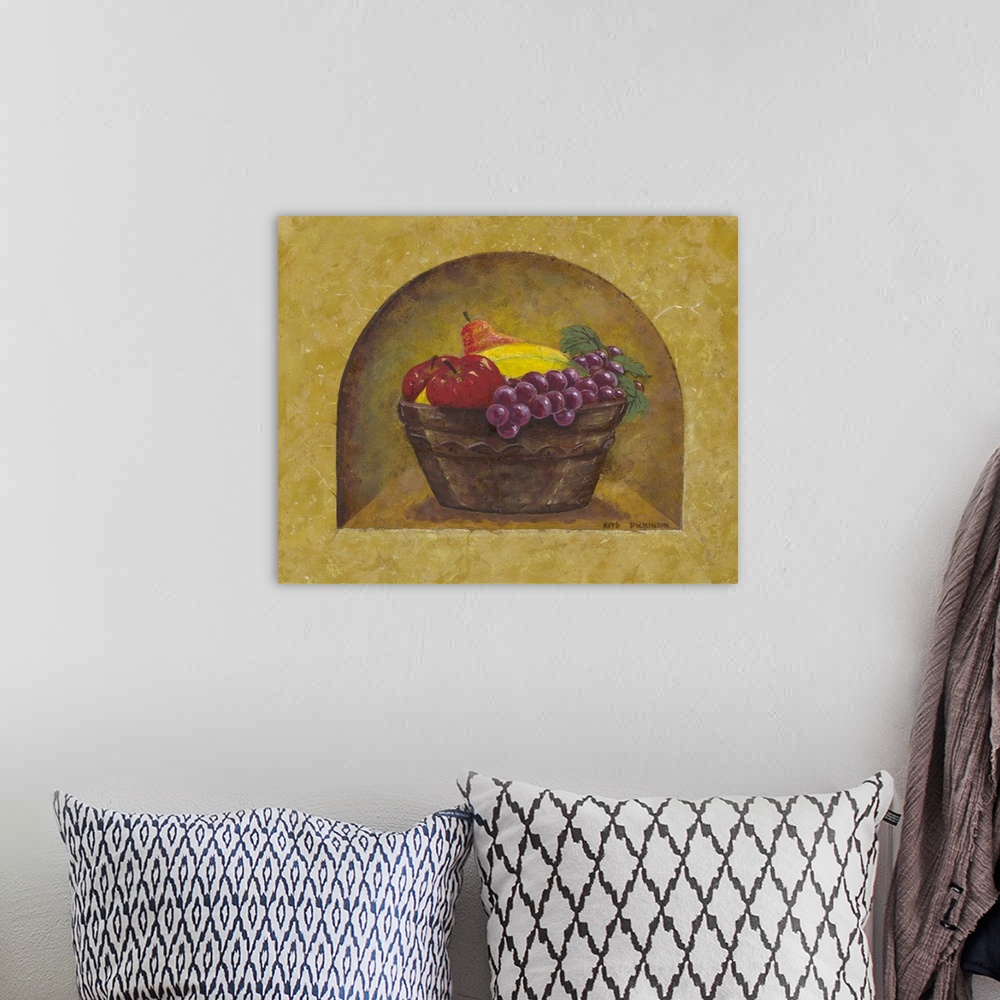 A bohemian room featuring Old world style painting of a bowl of fruit.