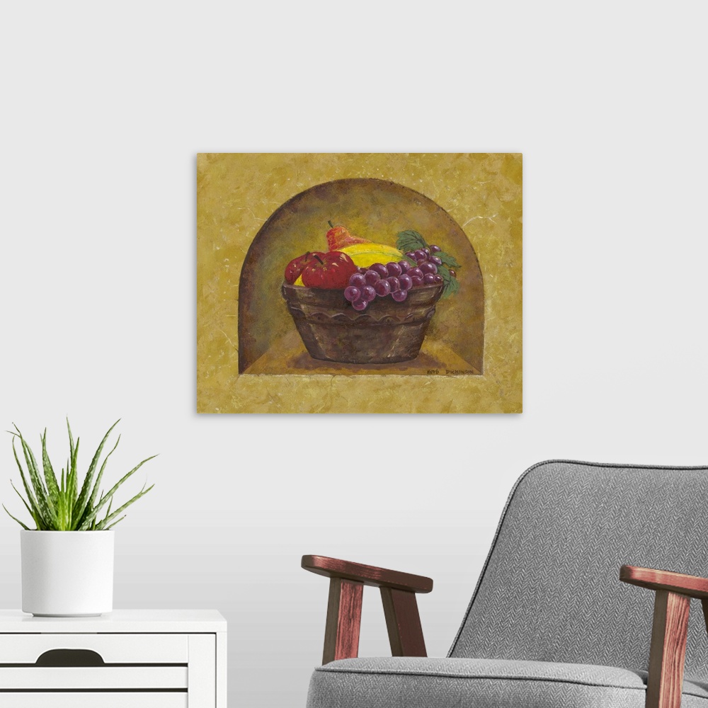 A modern room featuring Old world style painting of a bowl of fruit.