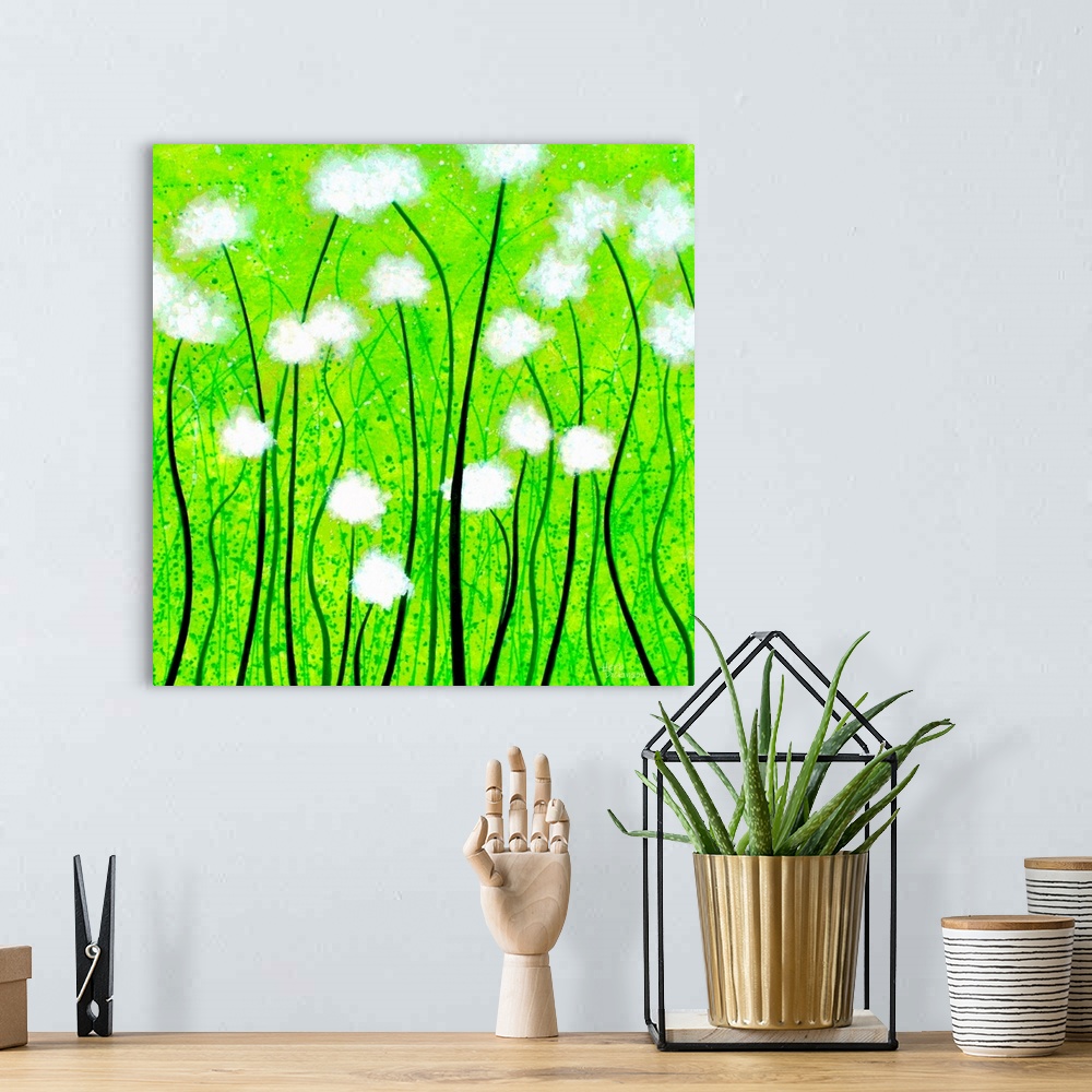 A bohemian room featuring Fuzzy white flowers on a bright green square background.