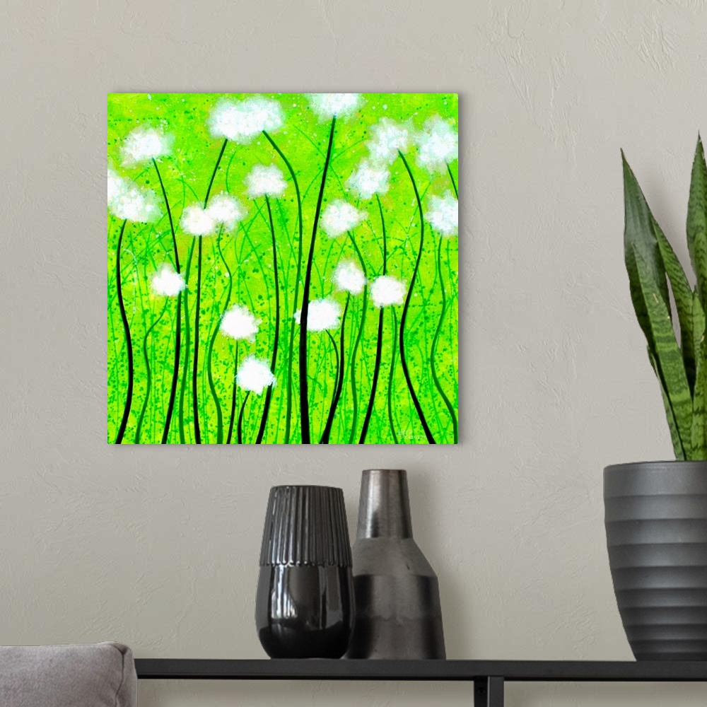 A modern room featuring Fuzzy white flowers on a bright green square background.