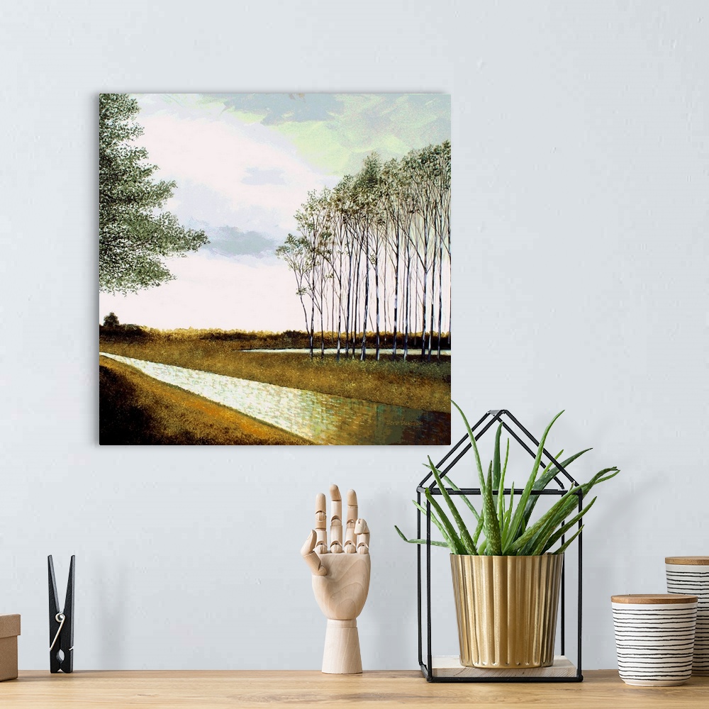 A bohemian room featuring Landscape with skinny trees and a stream running through the middle.