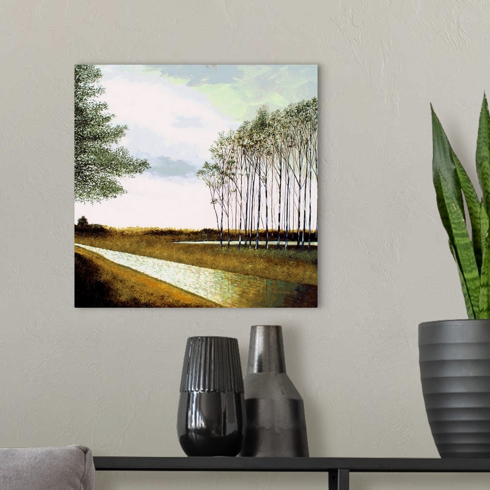 A modern room featuring Landscape with skinny trees and a stream running through the middle.