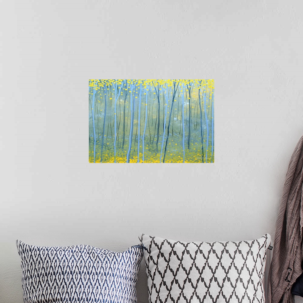 A bohemian room featuring Contemporary painting of a Ginkgo forest in shades of blue and yellow.