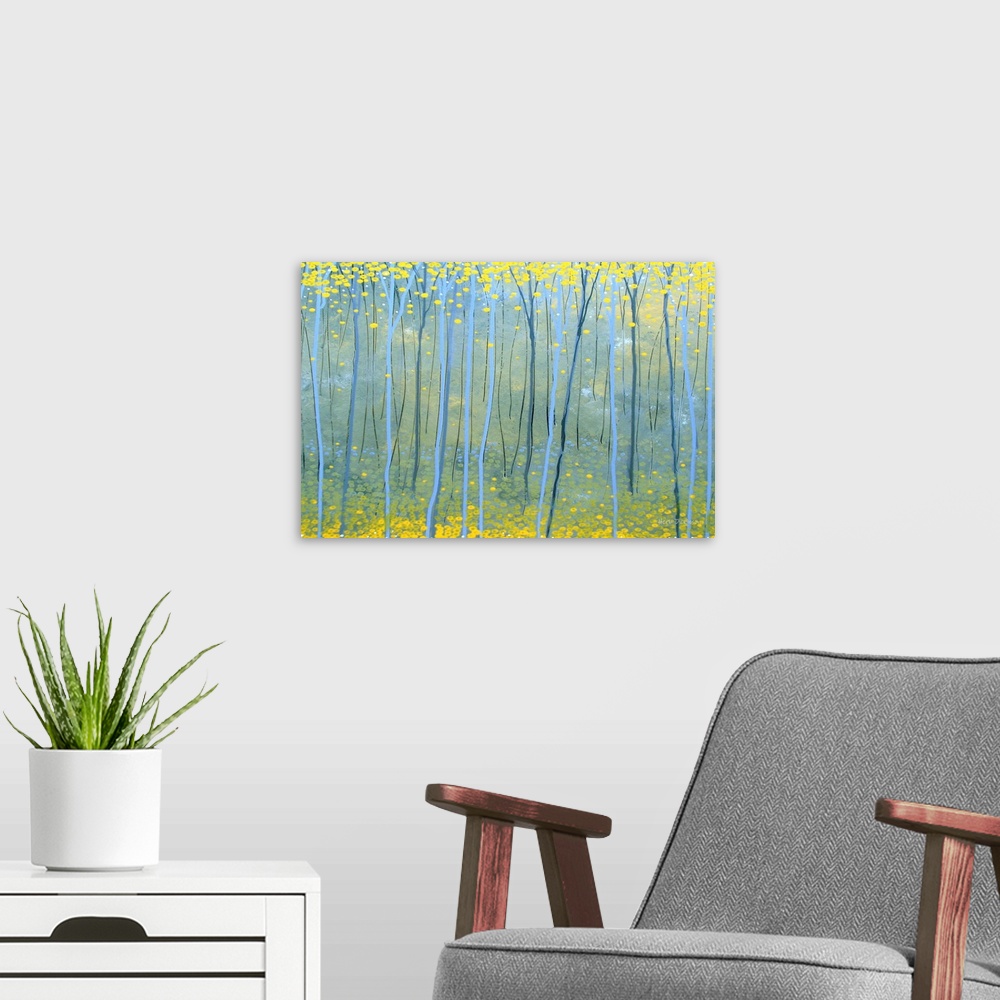 A modern room featuring Contemporary painting of a Ginkgo forest in shades of blue and yellow.