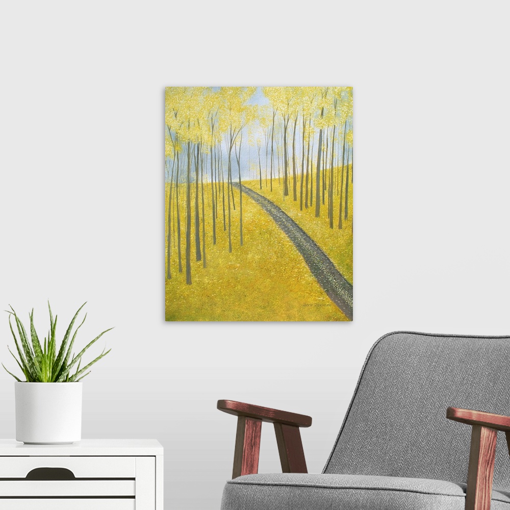 A modern room featuring Autumn landscape with a road leading up a hill, lined with Ginkgo trees and leaves.