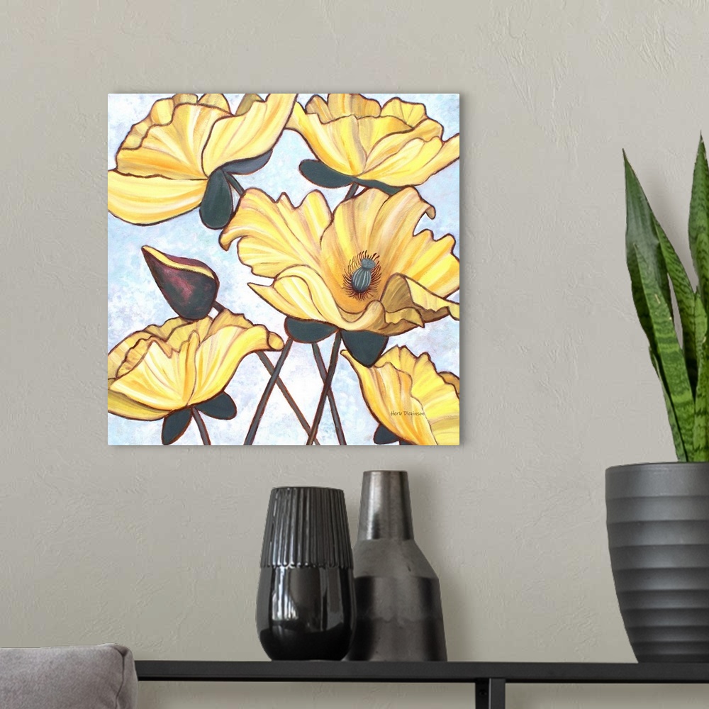 A modern room featuring Square painting of yellow flowers on a light white, blue, and purple background.