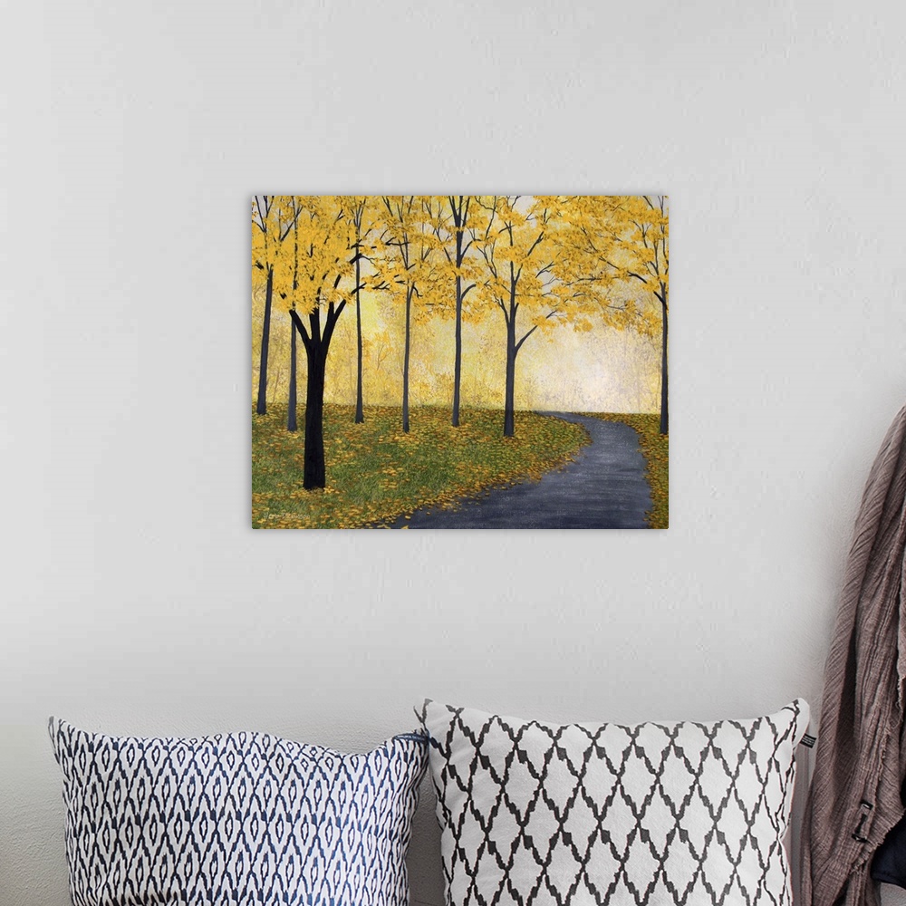 A bohemian room featuring Contemporary painting of a road winding through yellow Autumn trees.