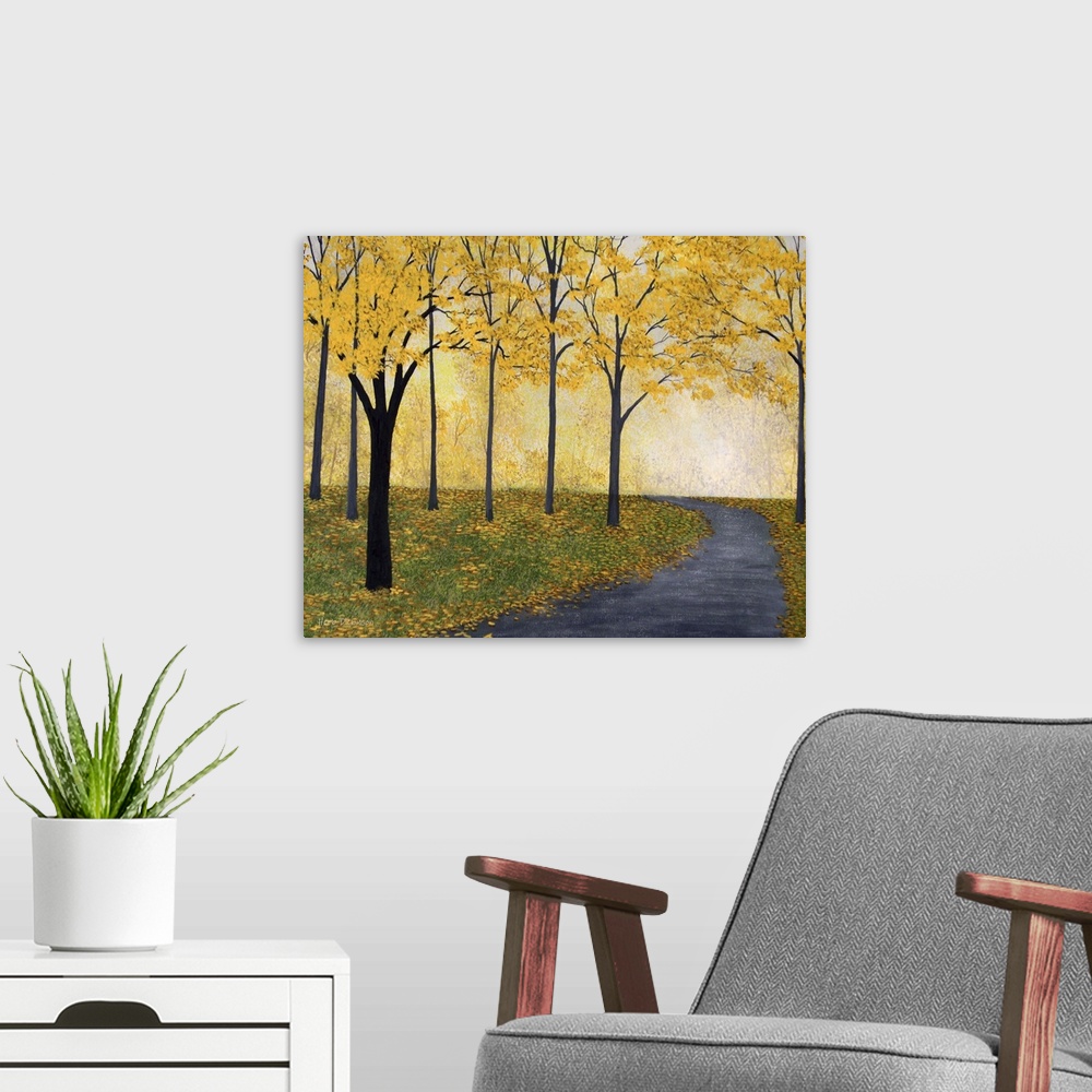 A modern room featuring Contemporary painting of a road winding through yellow Autumn trees.