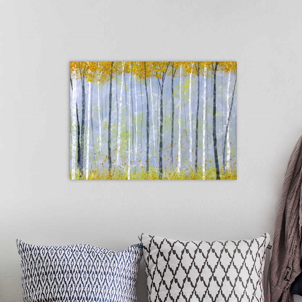 A bohemian room featuring Contemporary painting of gray and white tree trunks with yellow leaves falling from the tops of t...