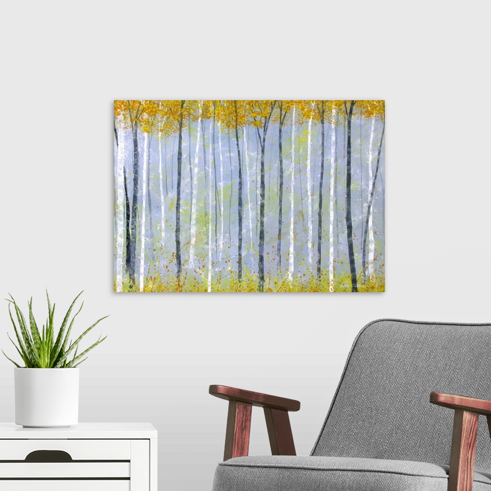 A modern room featuring Contemporary painting of gray and white tree trunks with yellow leaves falling from the tops of t...