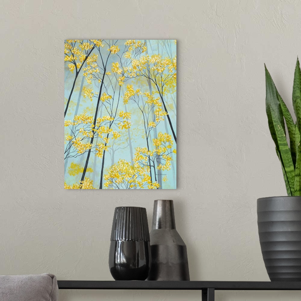 A modern room featuring Vertical painting of golden tree tops.