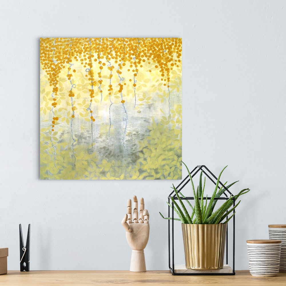 A bohemian room featuring Impressionist abstract of vines and plants in shades of yellow and gray.