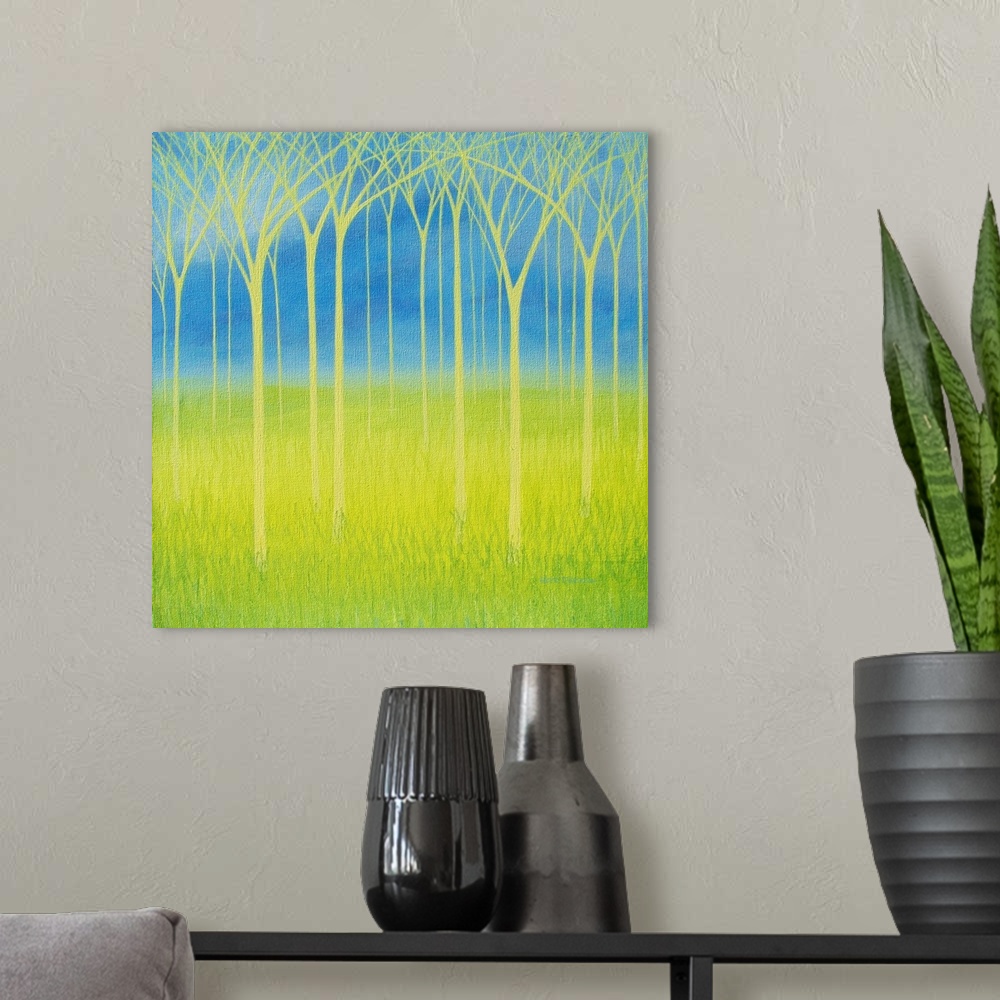 A modern room featuring Painting of yellow trees on a blue and lime green background.