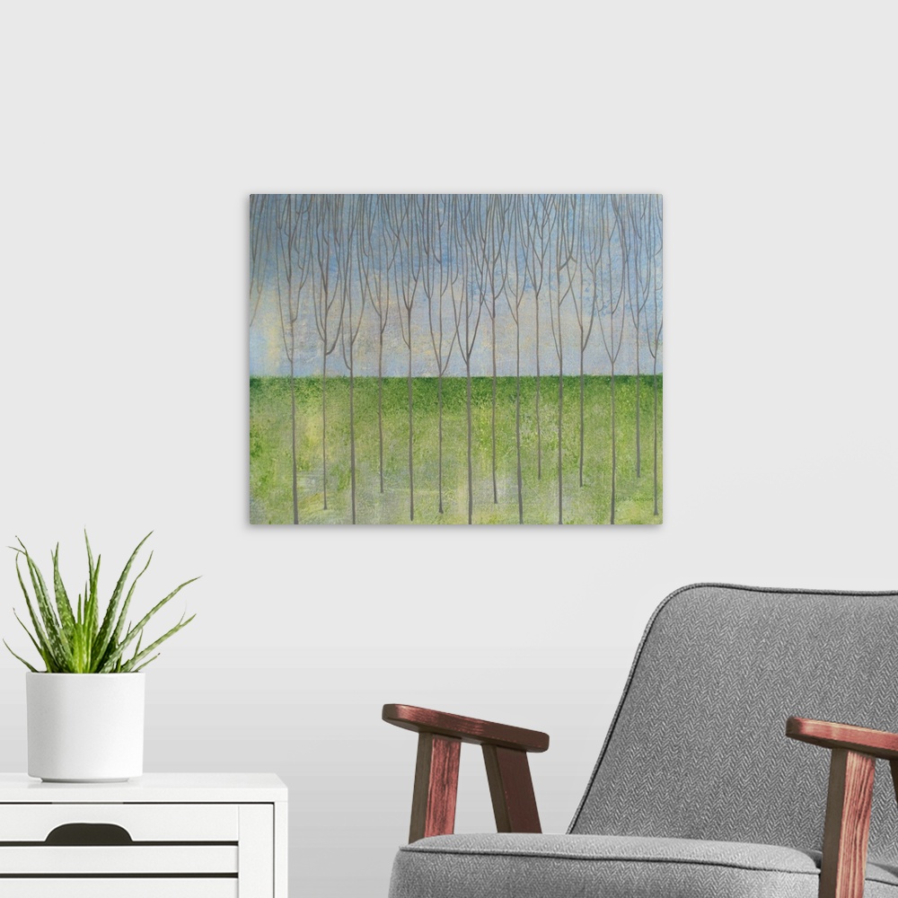 A modern room featuring Minimalist abstract landscape with thin bare trees and green grass.
