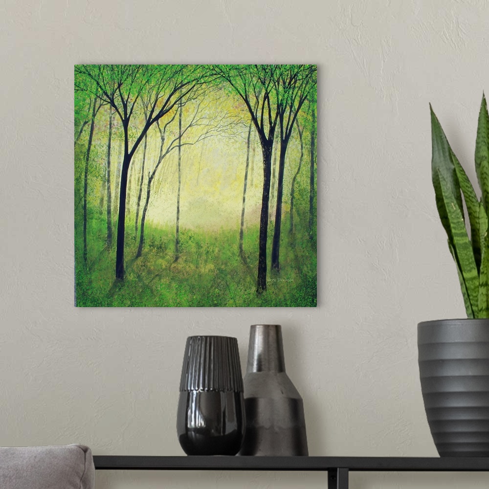 A modern room featuring Square landscape painting of a green and and yellow forest filled with trees.