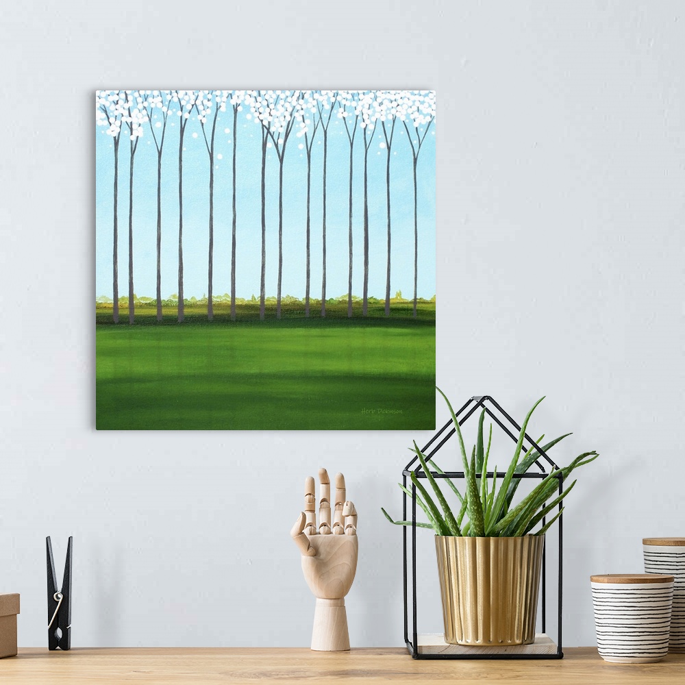 A bohemian room featuring Square minimalist painting of tall, skinny trees with white blossoms.