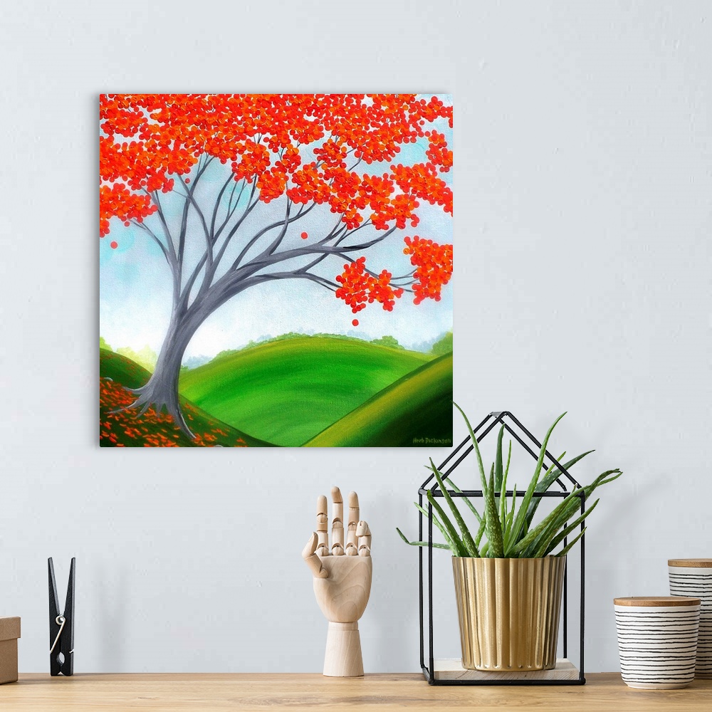A bohemian room featuring Contemporary square painting of a tree with red leaves on the side of a hill with rolling hills i...