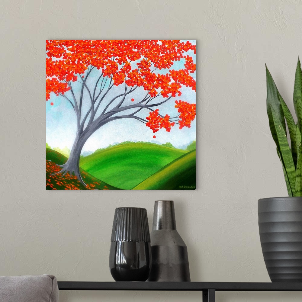 A modern room featuring Contemporary square painting of a tree with red leaves on the side of a hill with rolling hills i...