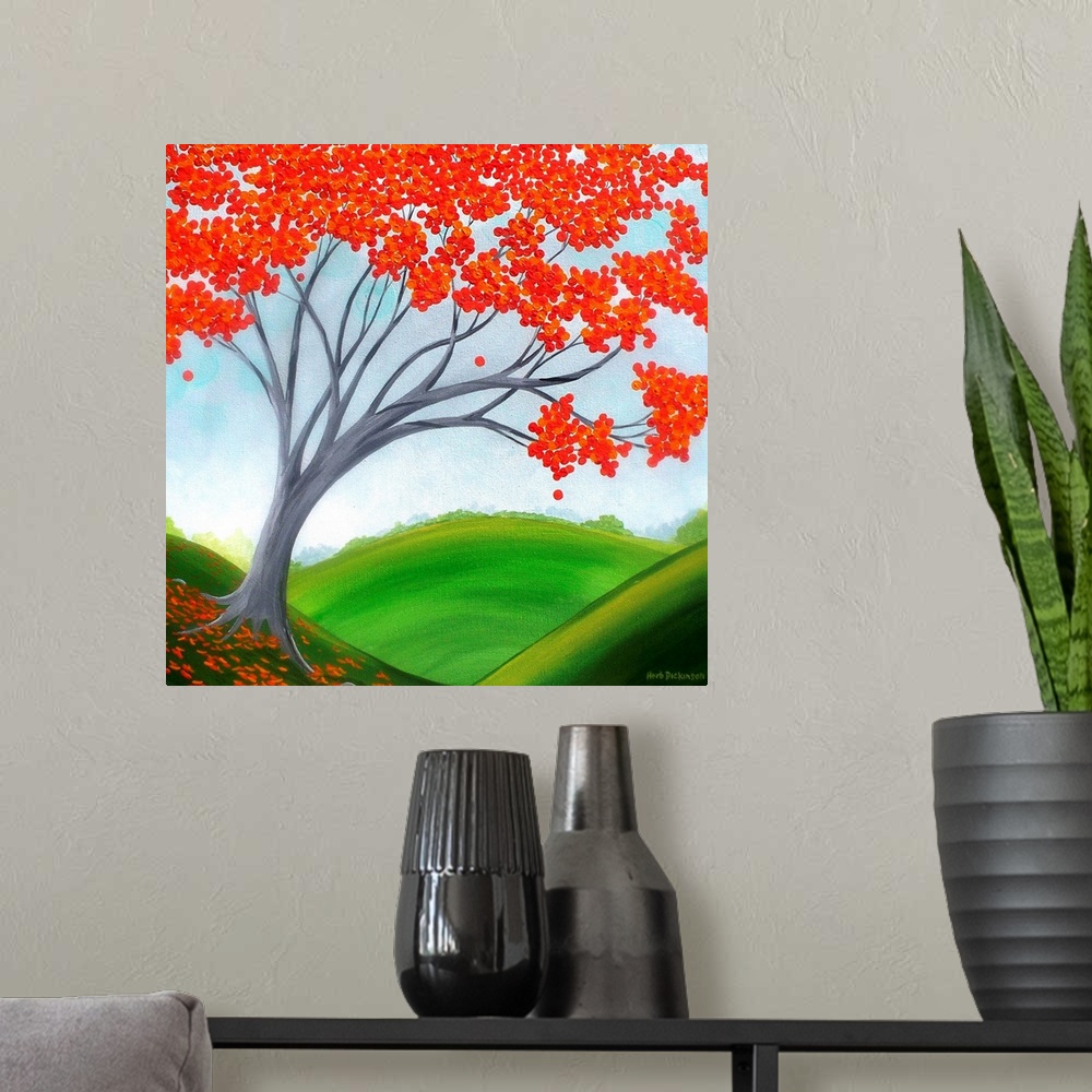 A modern room featuring Contemporary square painting of a tree with red leaves on the side of a hill with rolling hills i...