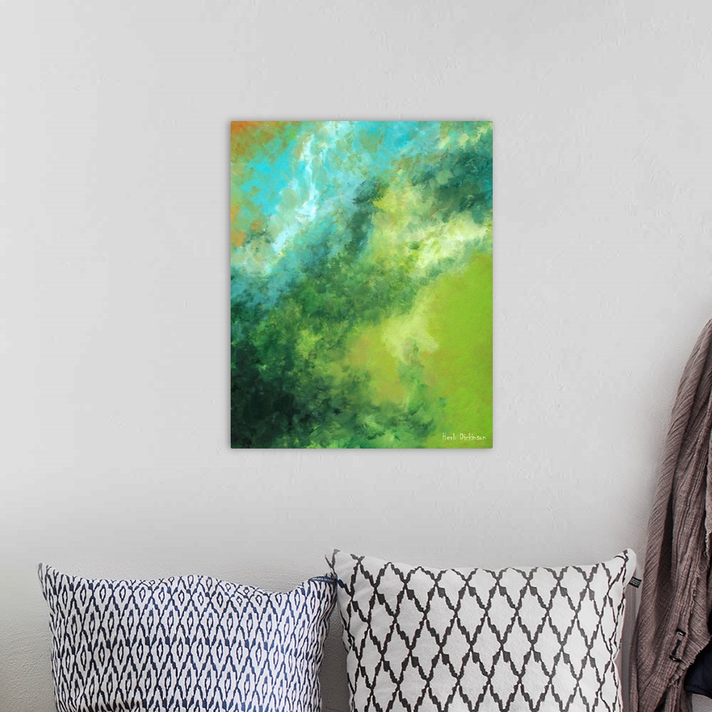 A bohemian room featuring Abstract painting created with dark green, bright green, light blue, white, and orange hues.
