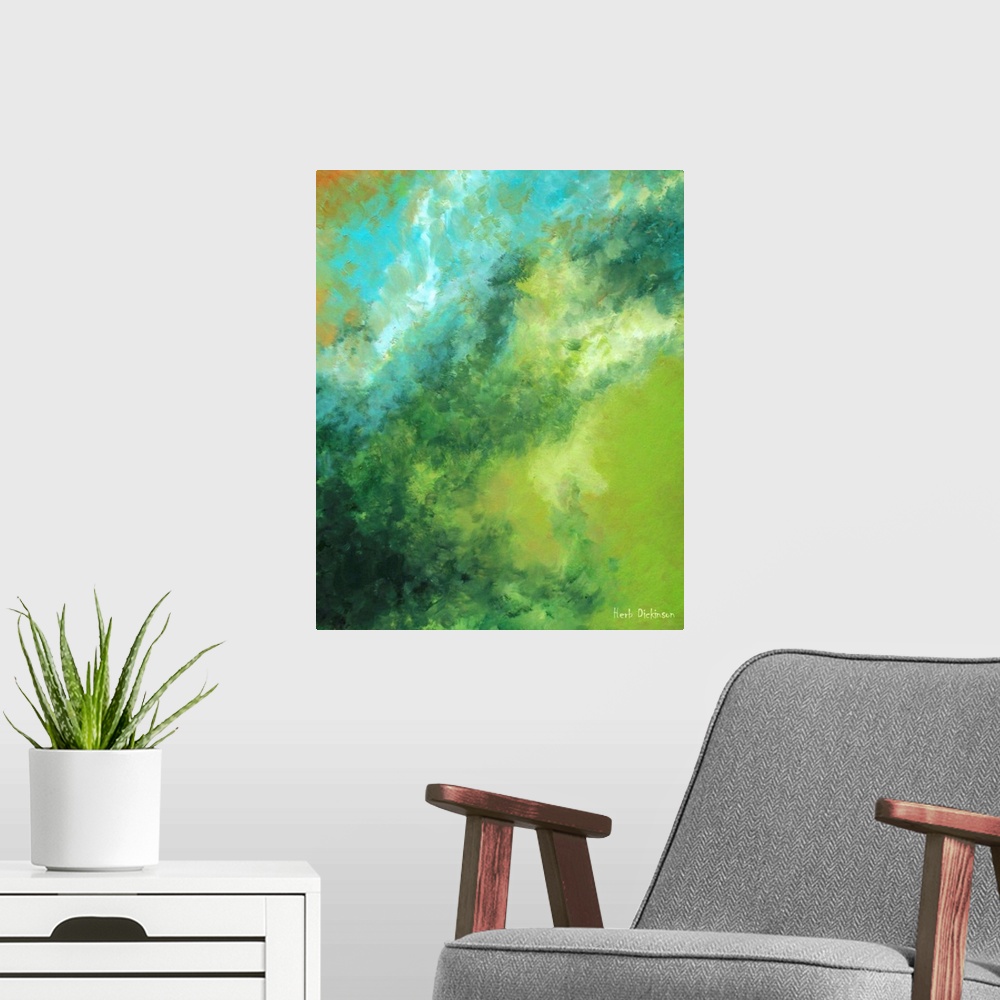 A modern room featuring Abstract painting created with dark green, bright green, light blue, white, and orange hues.