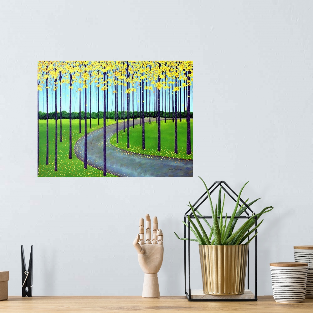 A bohemian room featuring Contemporary painting of a winding path going through a park lined with rows of Autumn trees with...