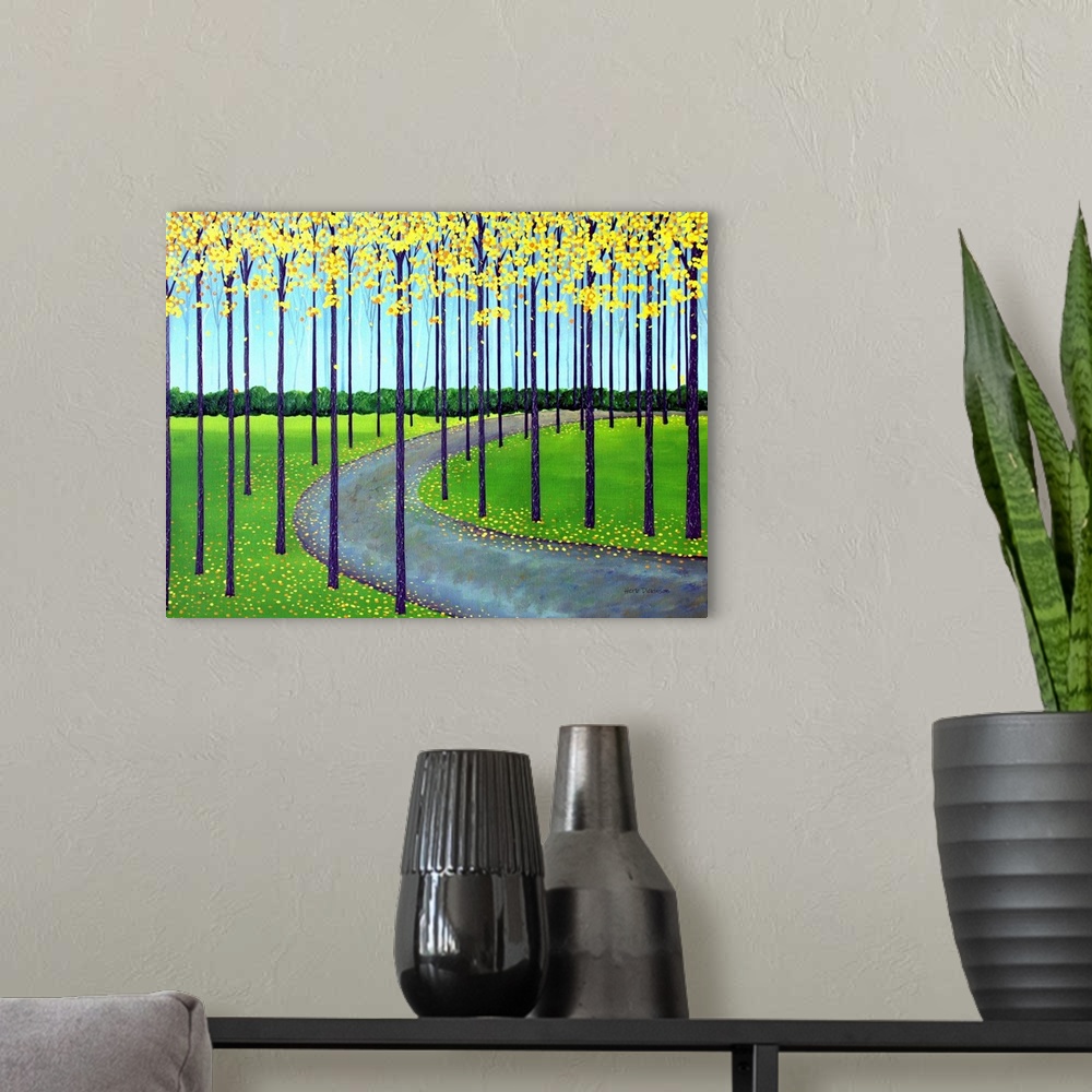 A modern room featuring Contemporary painting of a winding path going through a park lined with rows of Autumn trees with...