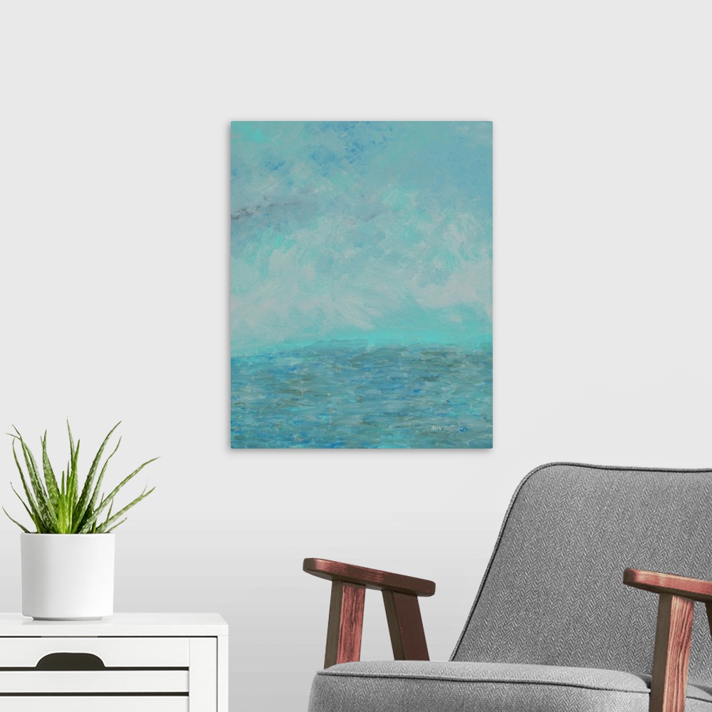 A modern room featuring Abstract seascape made with shades of blue, gray, and white.