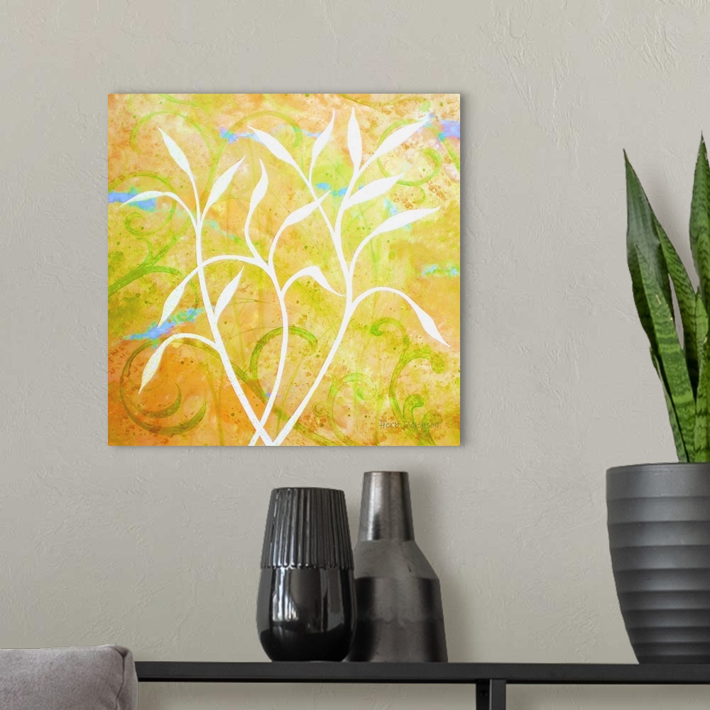 A modern room featuring Square painting of white silhouetted Jasmine leaves on a yellow and orange background with green ...