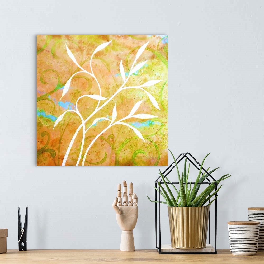 A bohemian room featuring Square painting of white silhouetted Jasmine leaves on a yellow and orange background with green ...