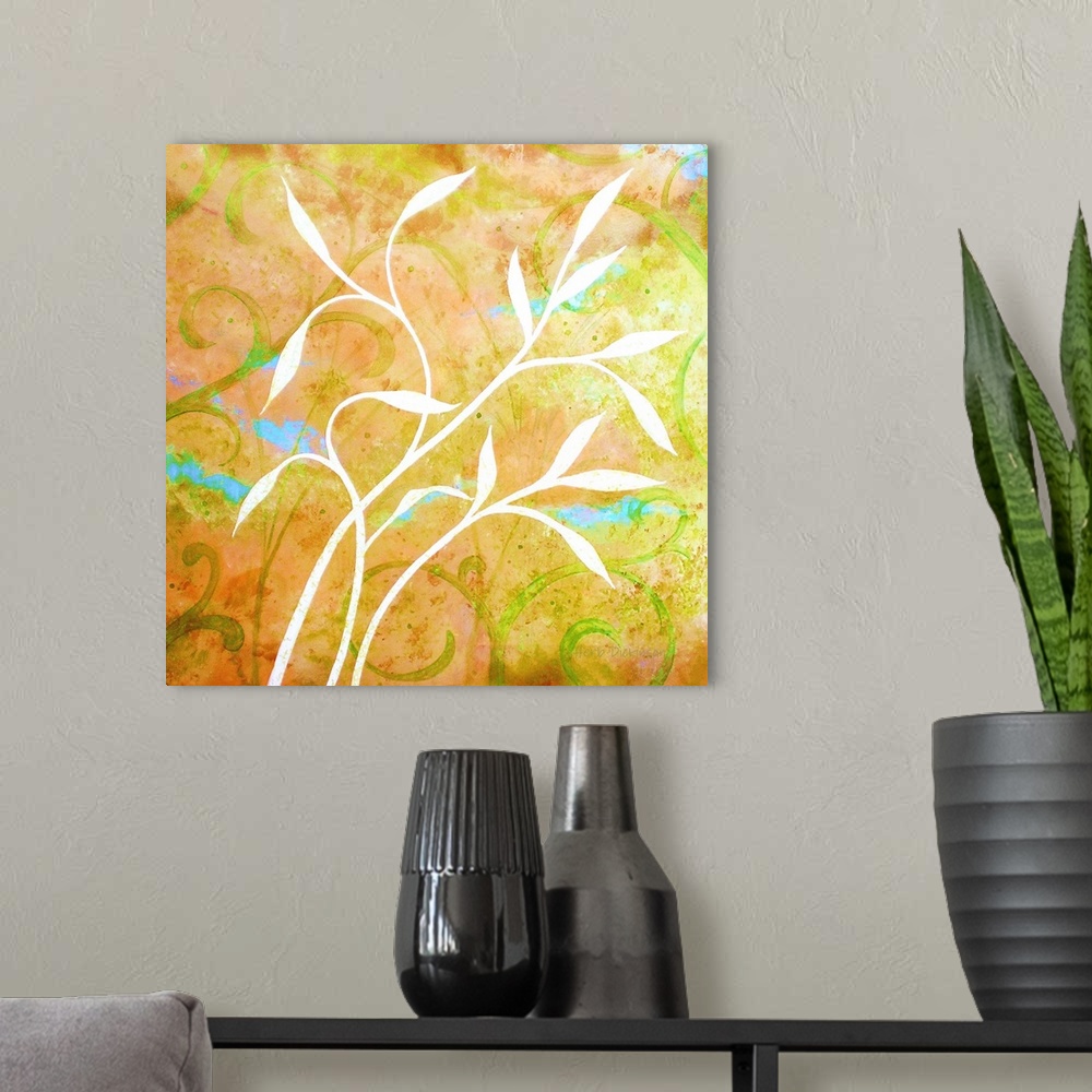 A modern room featuring Square painting of white silhouetted Jasmine leaves on a yellow and orange background with green ...