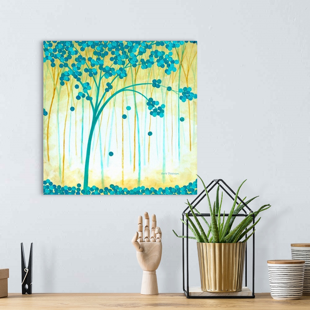 A bohemian room featuring Contemporary square painting of blue and gold trees with blue circular leaves.