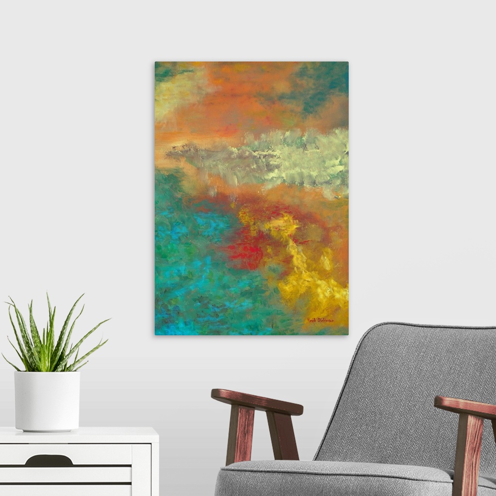 A modern room featuring Abstract painting created with bright blue, green, orange, red, yellow, and gold hues representin...