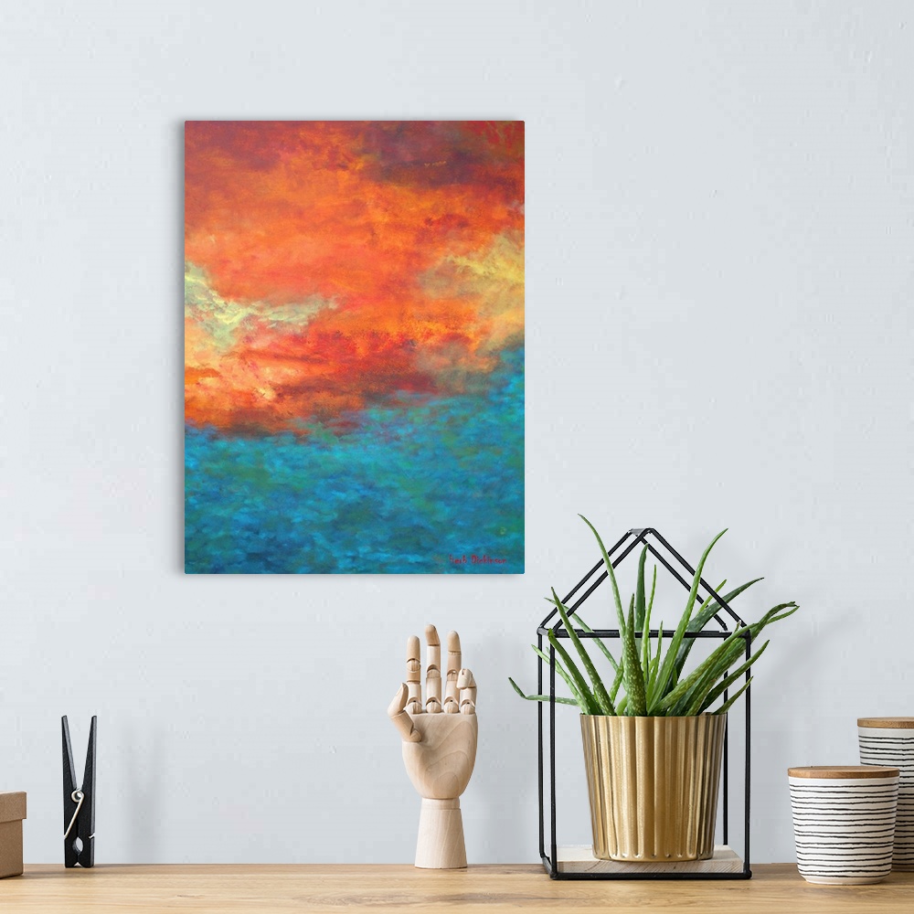 A bohemian room featuring Abstract painting created with bright orange, red, blue, green, and yellow hues representing a re...
