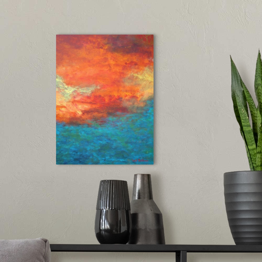 A modern room featuring Abstract painting created with bright orange, red, blue, green, and yellow hues representing a re...