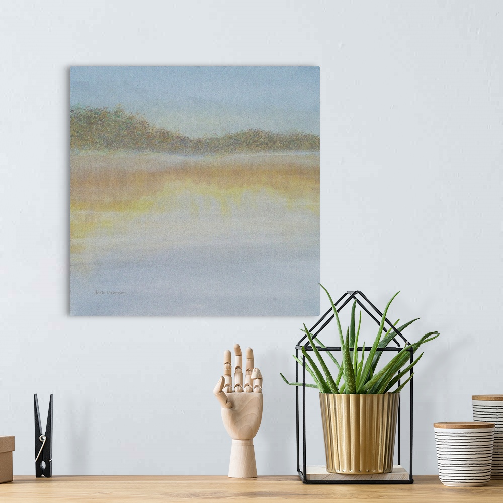 A bohemian room featuring Abstract painting of a lake and reflections in the early morning on a square background.