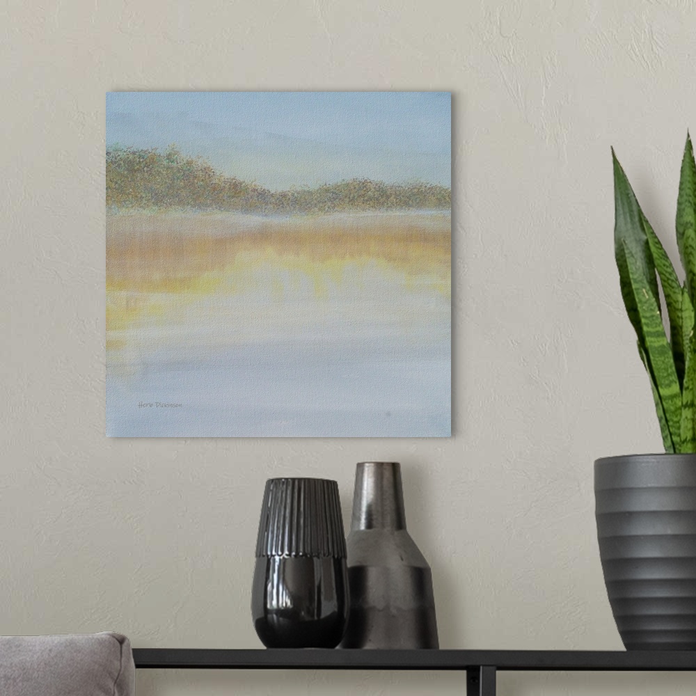 A modern room featuring Abstract painting of a lake and reflections in the early morning on a square background.