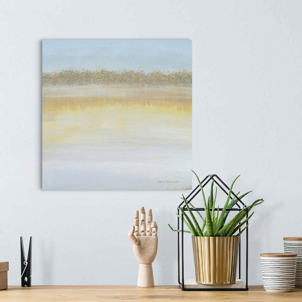 A bohemian room featuring Abstract painting of a lake and reflections in the early morning on a square background.