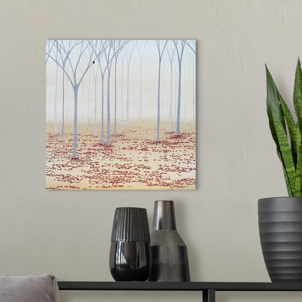 A modern room featuring Square minimalist painting of bare, gray trees with red leaves on the forest floor.