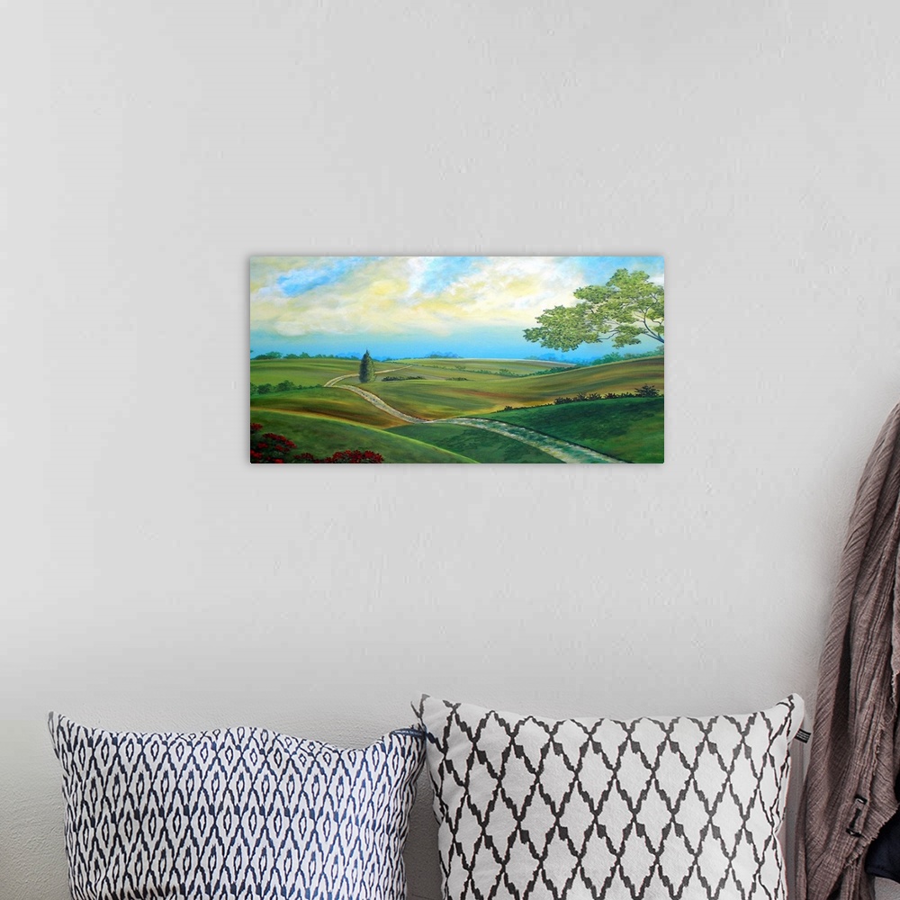 A bohemian room featuring Landscape painting of Leicester's countryside and rolling hills on a beautiful day.