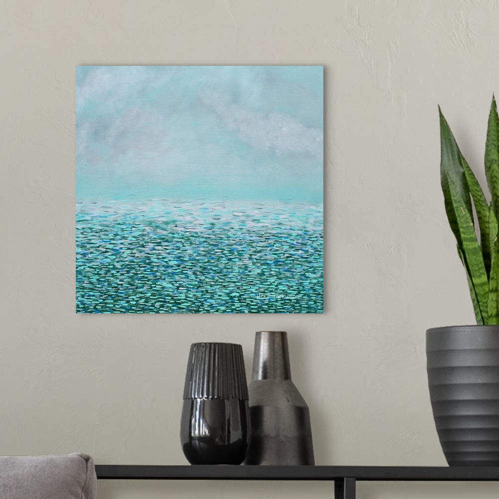 A modern room featuring Abstract seascape at low tide made with shades of blue, white, and gray.