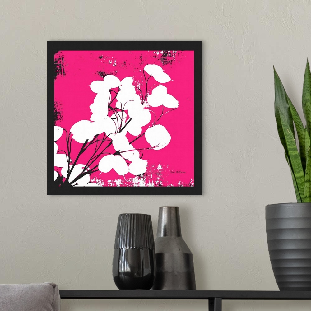 A modern room featuring Square silhouetted painting of a money plant in black, white, and pink.