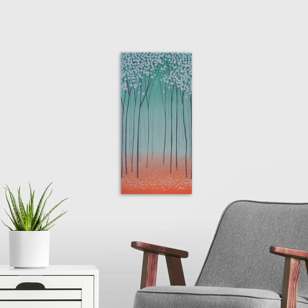 A modern room featuring Panel painting with a tree landscape in shades of green, gray, and orange.