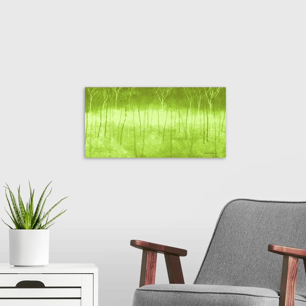 A modern room featuring Lime green landscape painting of a foggy forest with thin trees all over.