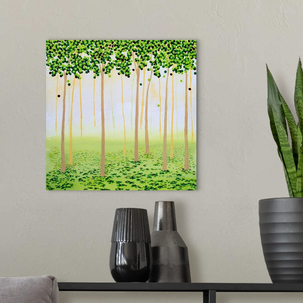 A modern room featuring Square painting of a forest covered in circular leaves made with shades of green.